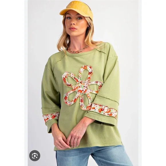 Easel Womens Sage Green Floral Applique Oversized Sweatshirt Raw Edge Boho Top - Picture 4 of 4